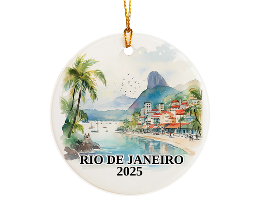 Custom Rio De Janeiro Brazil ceramic photo ornament with personalized message – handmade Christmas bauble, gift souvenir, or vacation keepsake. 