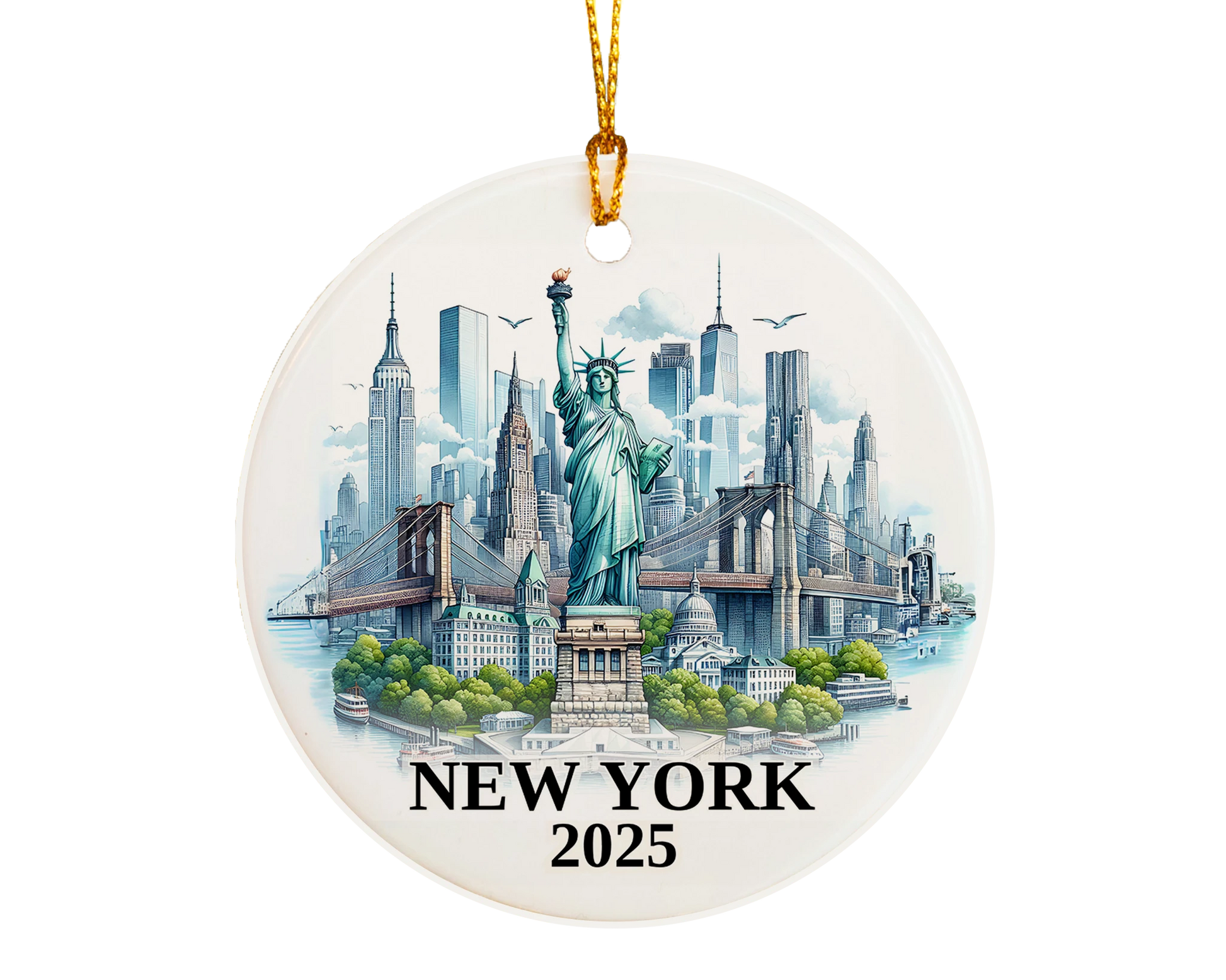Custom New York Statue of Liberty ceramic photo ornament with personalized message – handmade Christmas bauble, gift souvenir, or vacation keepsake.  