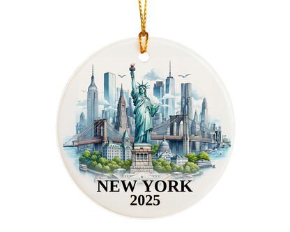 Custom New York Statue of Liberty ceramic photo ornament with personalized message – handmade Christmas bauble, gift souvenir, or vacation keepsake.  