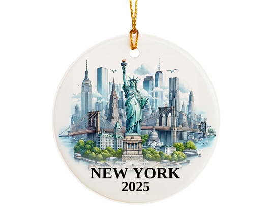 Custom New York Statue of Liberty ceramic photo ornament with personalized message – handmade Christmas bauble, gift souvenir, or vacation keepsake.  