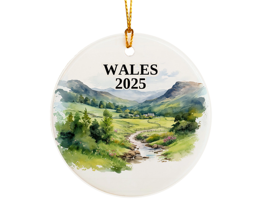 Custom Wales Cymru ceramic photo ornament with personalized message – handmade Christmas bauble, gift souvenir, or vacation keepsake. 