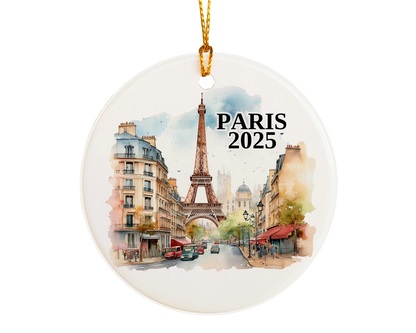 Custom Paris France ceramic photo ornament with personalized message – handmade Christmas bauble, gift souvenir, or vacation keepsake.  