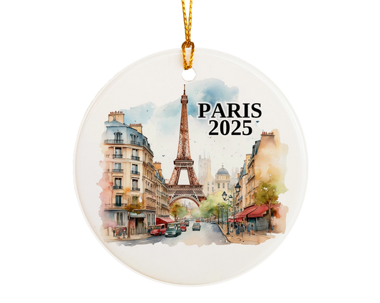 Custom Paris France ceramic photo ornament with personalized message – handmade Christmas bauble, gift souvenir, or vacation keepsake.  