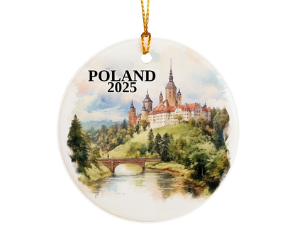 Custom Poland ceramic photo ornament with personalized message – handmade Christmas bauble, gift souvenir, or vacation keepsake. 