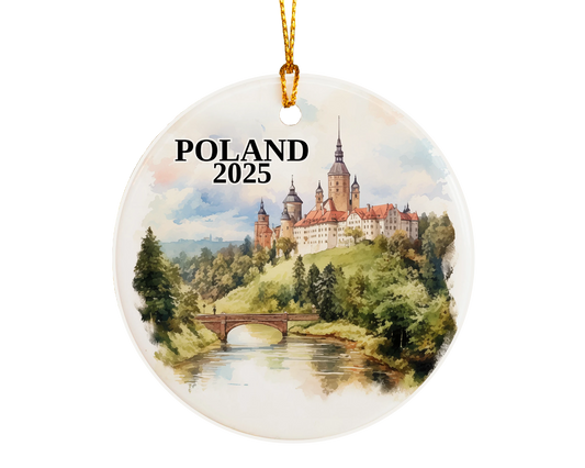 Custom Poland ceramic photo ornament with personalized message – handmade Christmas bauble, gift souvenir, or vacation keepsake. 
