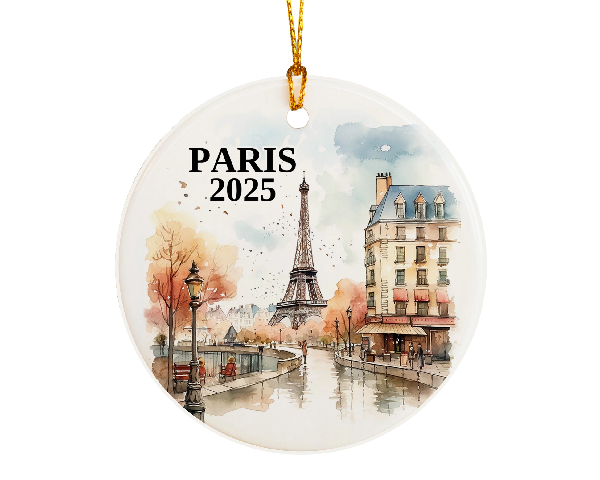 Custom Paris France ceramic photo ornament with personalized message – handmade Christmas bauble, gift souvenir, or vacation keepsake.  