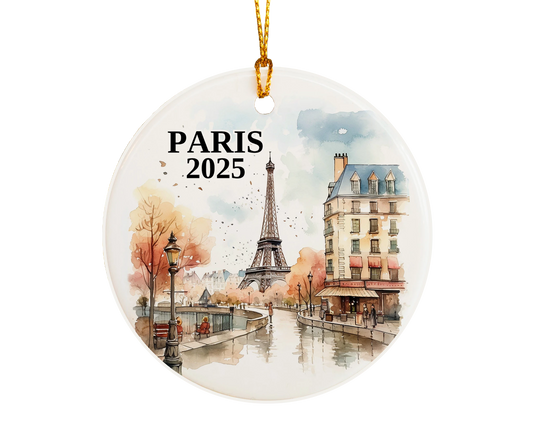 Custom Paris France ceramic photo ornament with personalized message – handmade Christmas bauble, gift souvenir, or vacation keepsake.  