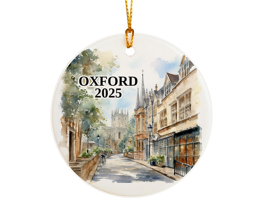 Custom Oxford England ceramic photo ornament with personalized message – handmade Christmas bauble, gift souvenir, or vacation keepsake.  