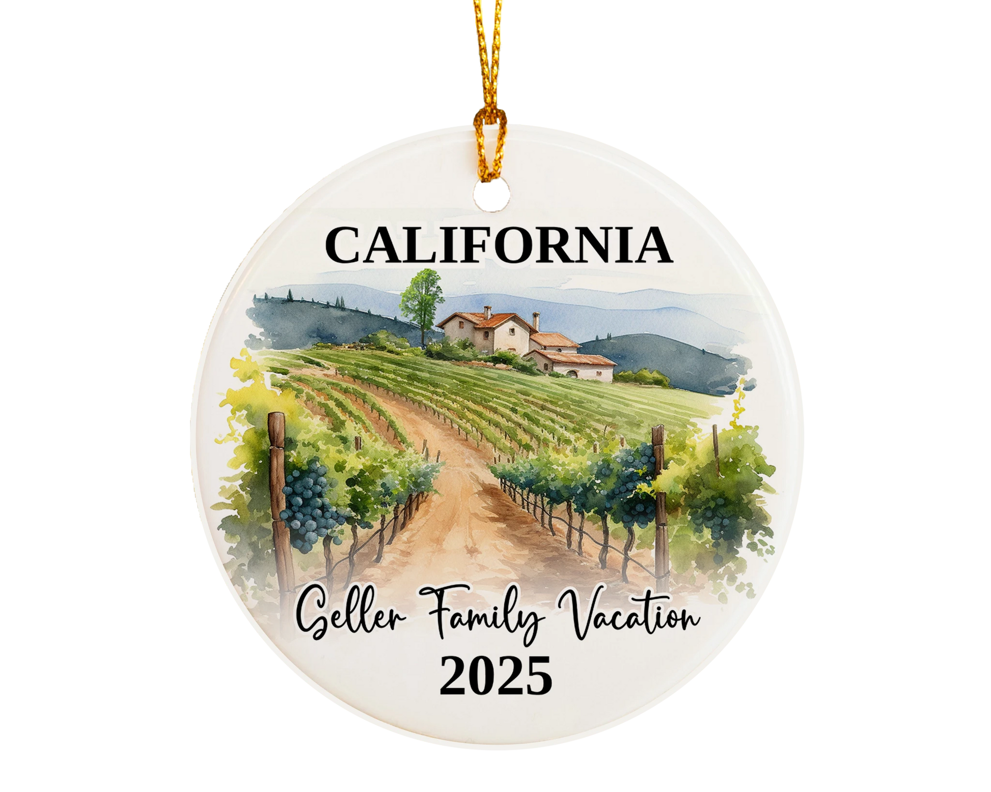 Custom vacation California ceramic photo ornament with personalized message – handmade Christmas bauble, gift souvenir, or vacation keepsake. 