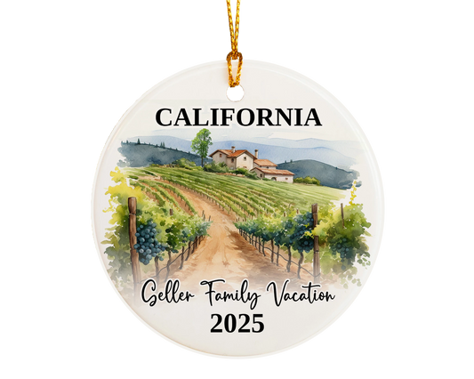 Custom vacation California ceramic photo ornament with personalized message – handmade Christmas bauble, gift souvenir, or vacation keepsake. 