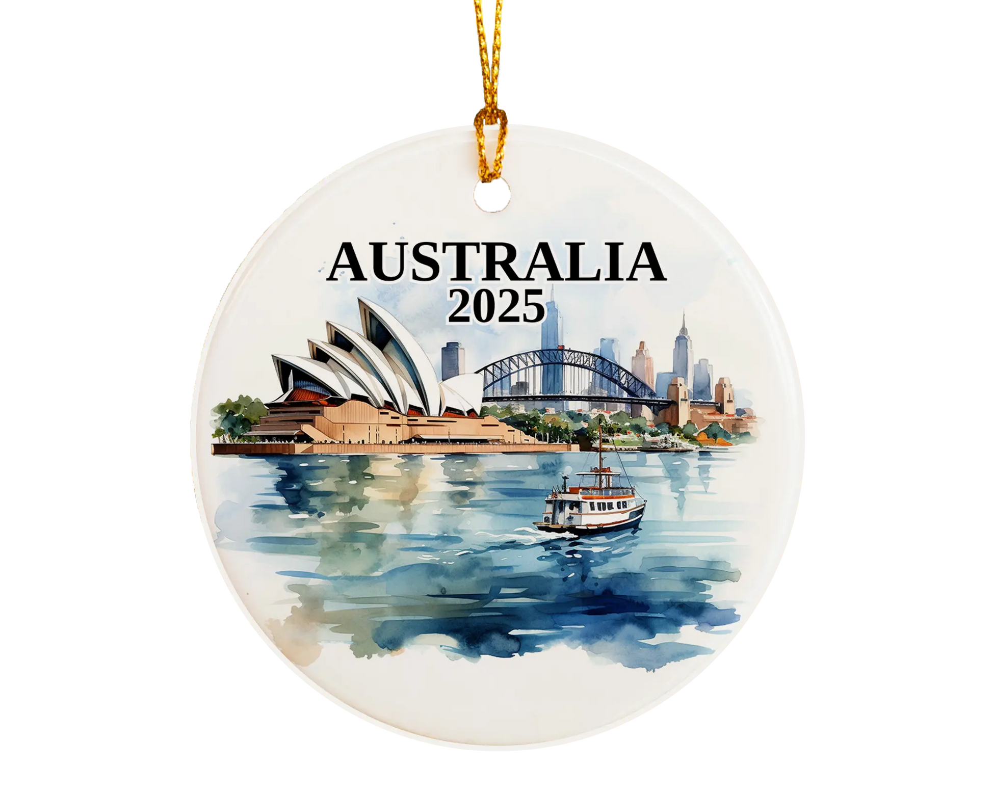 Custom Sydney, Australia ceramic photo ornament with personalized message – handmade Christmas bauble, gift souvenir, or vacation keepsake.