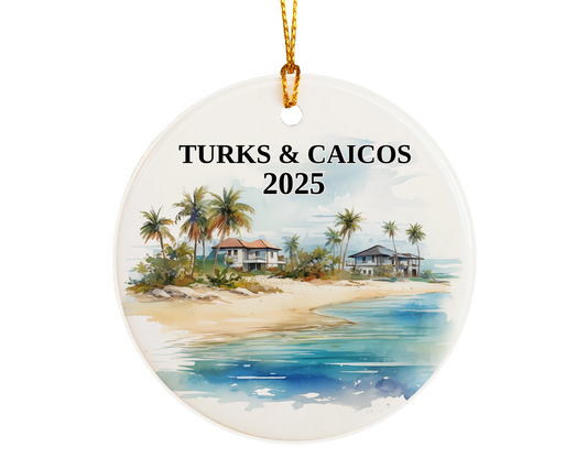 Custom Turks and Caicos ceramic photo ornament with personalized message – handmade Christmas bauble, gift souvenir, or vacation keepsake. 