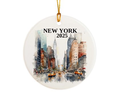 Custom New York City ceramic photo ornament with personalized message – handmade Christmas bauble, gift souvenir, or vacation keepsake.  