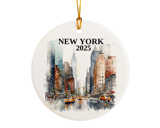 Custom New York City ceramic photo ornament with personalized message – handmade Christmas bauble, gift souvenir, or vacation keepsake.  