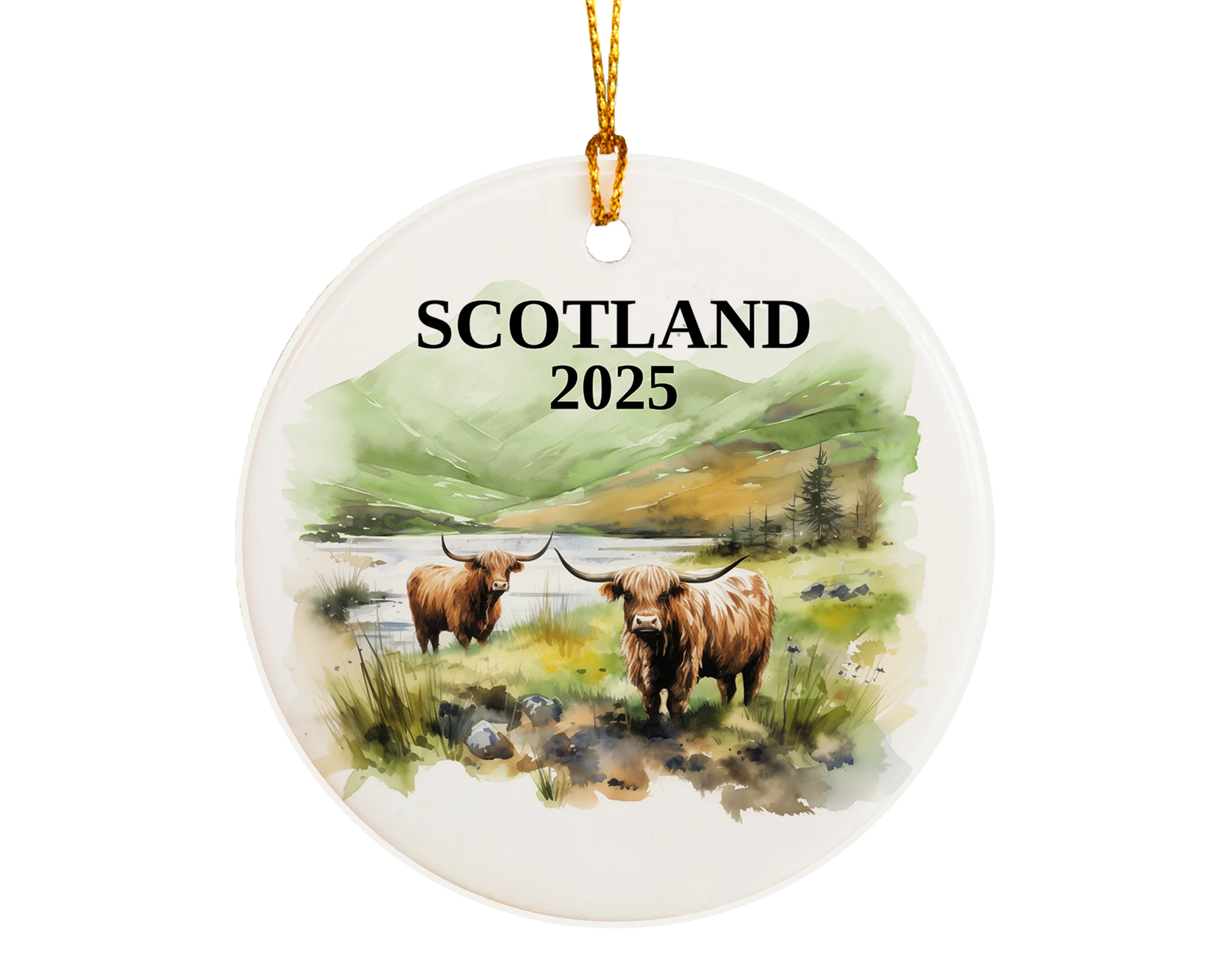 Custom Scotland Highland Cows ceramic photo ornament with personalized message – handmade Christmas bauble, gift souvenir, or vacation keepsake. 