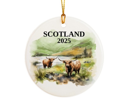 Custom Scotland Highland Cows ceramic photo ornament with personalized message – handmade Christmas bauble, gift souvenir, or vacation keepsake. 