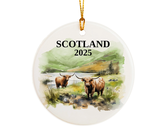 Custom Scotland Highland Cows ceramic photo ornament with personalized message – handmade Christmas bauble, gift souvenir, or vacation keepsake. 