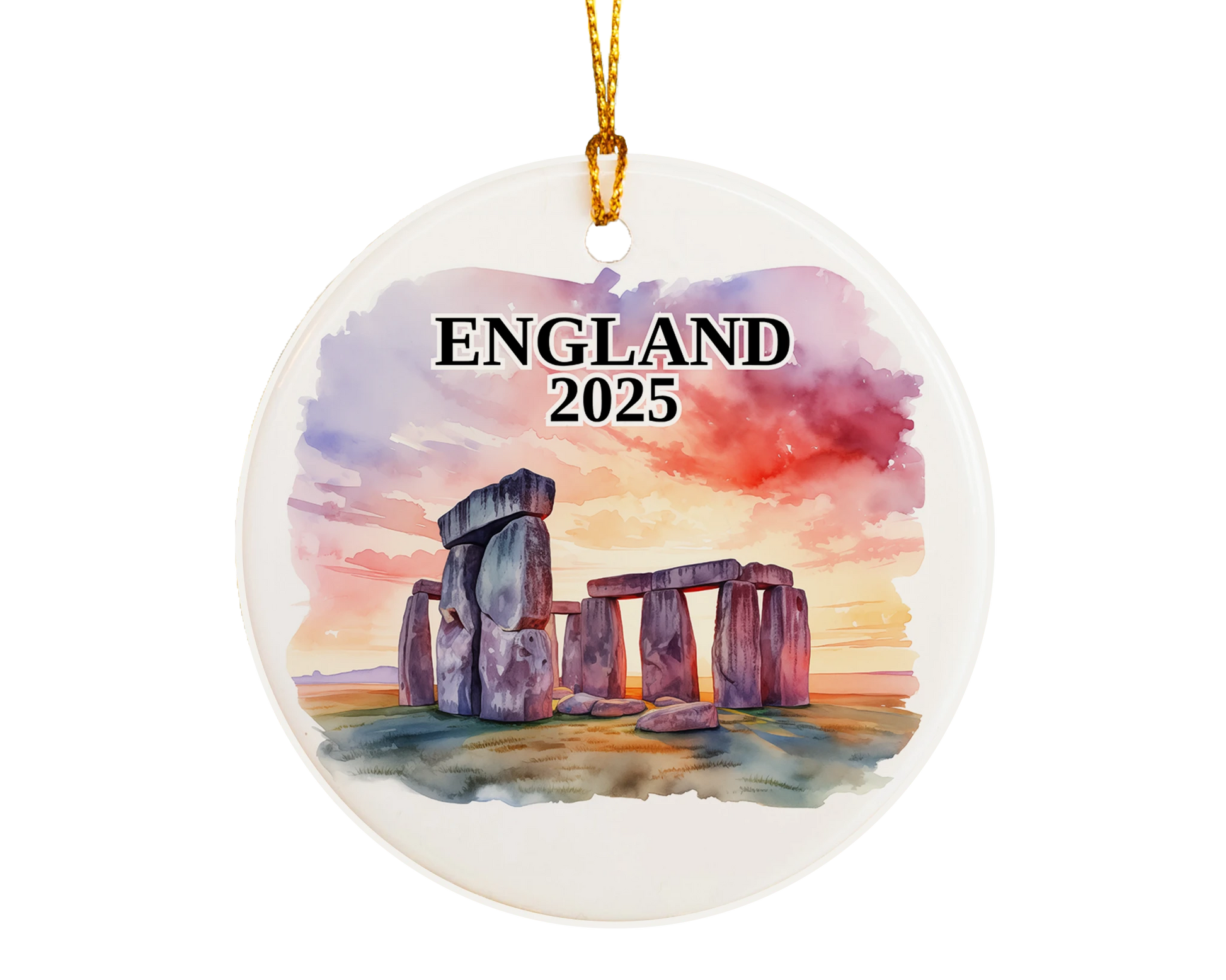 Custom Stonehenge England ceramic photo ornament with personalized message – handmade Christmas bauble, gift souvenir, or vacation keepsake.  