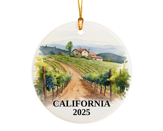 Custom California ceramic photo ornament with personalized message – handmade Christmas bauble, gift souvenir, or vacation keepsake.  