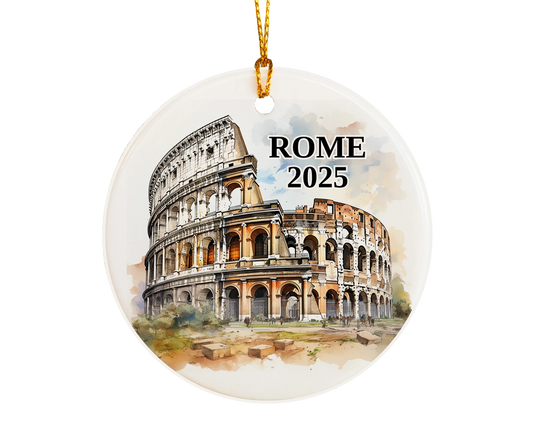 Custom Rome colosseum ceramic photo ornament with personalized message – handmade Christmas bauble, gift souvenir, or vacation keepsake. 