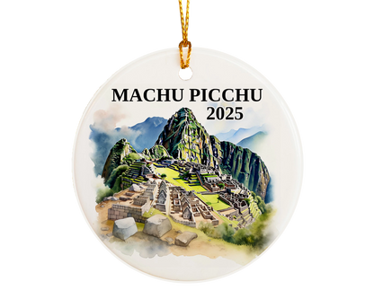 Custom Machu Picchu ceramic photo ornament with personalized message – handmade Christmas bauble, gift souvenir, or vacation keepsake.  