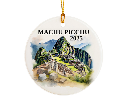 Custom Machu Picchu ceramic photo ornament with personalized message – handmade Christmas bauble, gift souvenir, or vacation keepsake.  