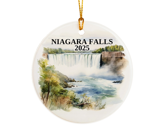 Custom Niagara Falls ceramic photo ornament with personalized message – handmade Christmas bauble, gift souvenir, or vacation keepsake.  