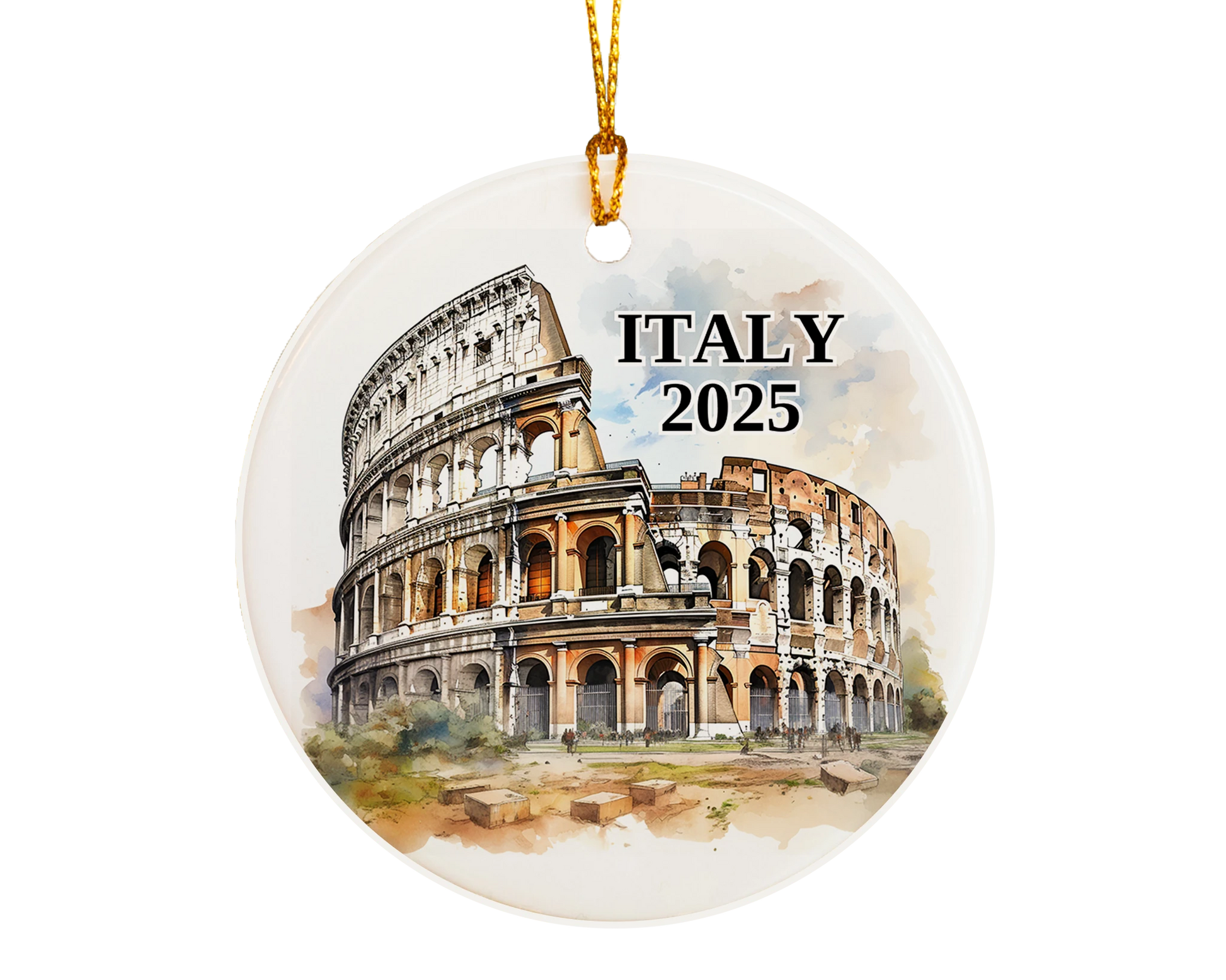 Custom Italy Rome Colosseum ceramic photo ornament with personalized message – handmade Christmas bauble, gift souvenir, or vacation keepsake.  