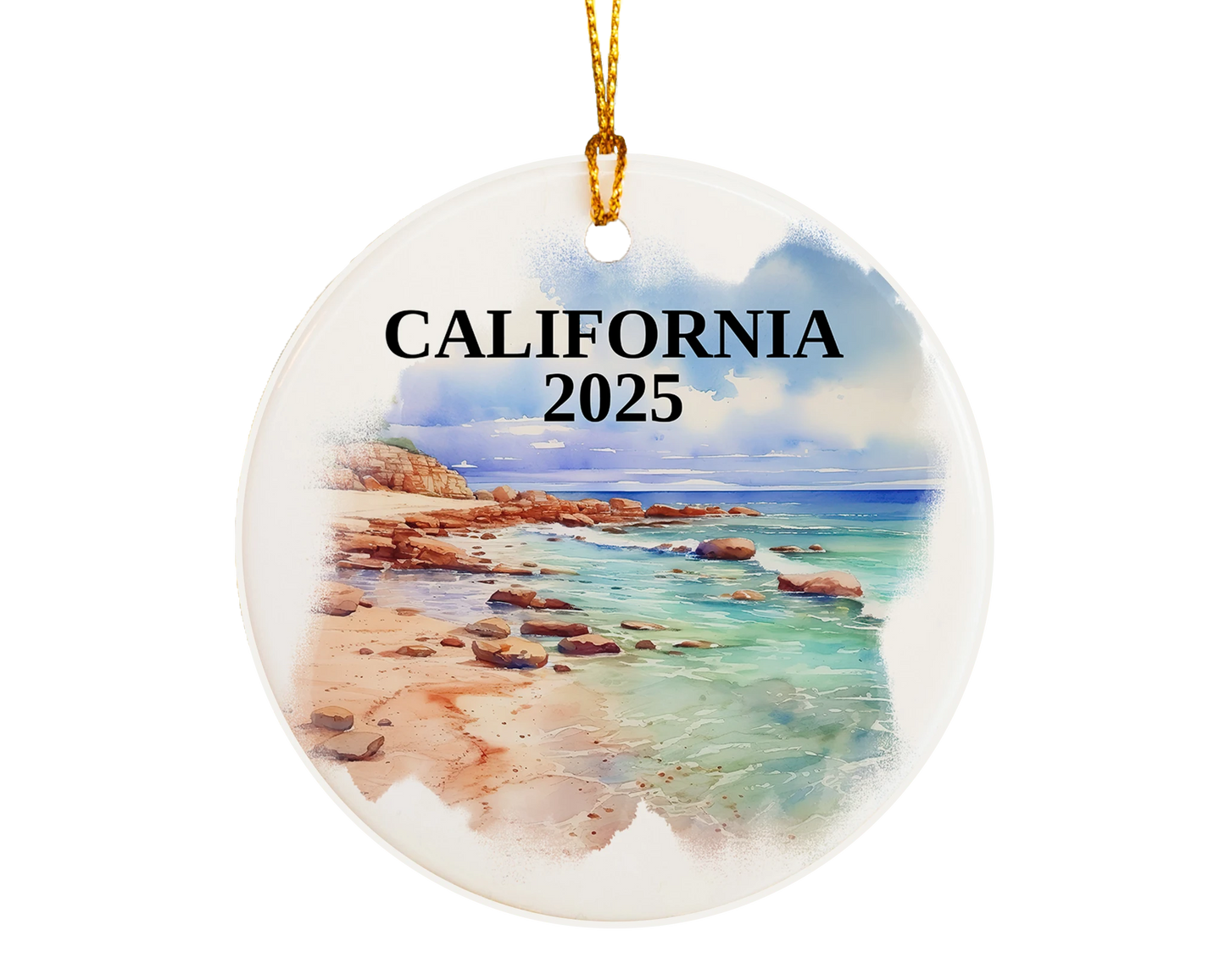 Custom California ceramic photo ornament with personalized message – handmade Christmas bauble, gift souvenir, or vacation keepsake.  