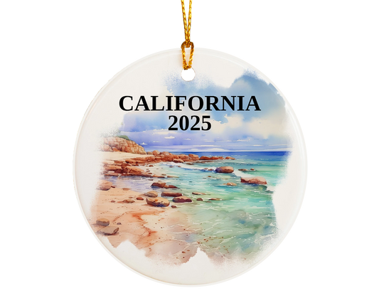 Custom California ceramic photo ornament with personalized message – handmade Christmas bauble, gift souvenir, or vacation keepsake.  