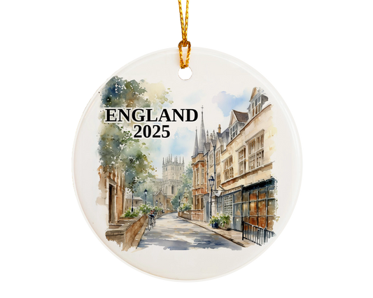 Custom England Oxford ceramic photo ornament with personalized message – handmade Christmas bauble, gift souvenir, or vacation keepsake.  