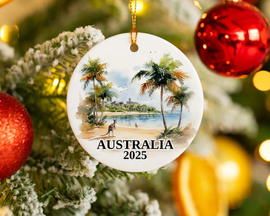 Custom Australia ceramic photo ornament with personalized message – handmade Christmas bauble, gift souvenir, or vacation keepsake.