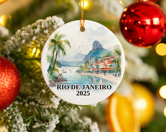 Custom Rio De Janeiro Brazil ceramic photo ornament with personalized message – handmade Christmas bauble, gift souvenir, or vacation keepsake. 
