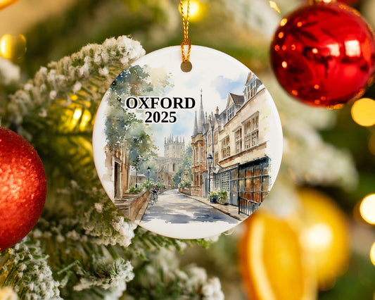 Custom Oxford England ceramic photo ornament with personalized message – handmade Christmas bauble, gift souvenir, or vacation keepsake.  