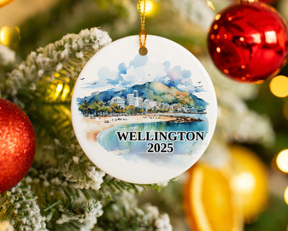 Custom Wellington New Zealand ceramic photo ornament with personalized message – handmade Christmas bauble, gift souvenir, or vacation keepsake. 