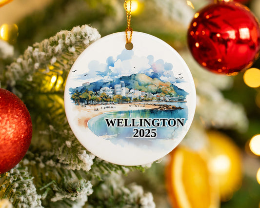 Custom Wellington New Zealand ceramic photo ornament with personalized message – handmade Christmas bauble, gift souvenir, or vacation keepsake. 