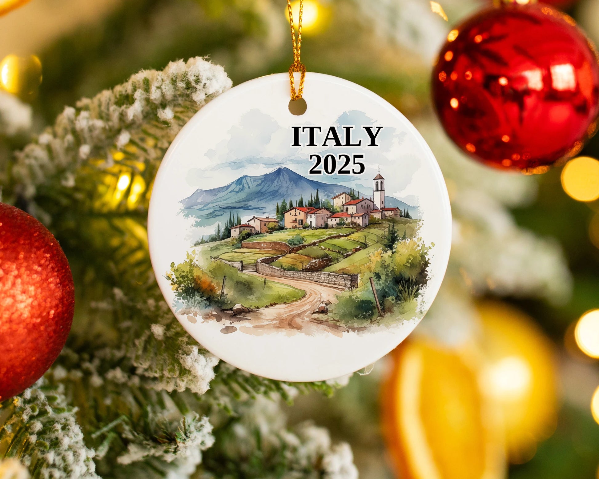Custom Italy ceramic photo ornament with personalized message – handmade Christmas bauble, gift souvenir, or vacation keepsake.  