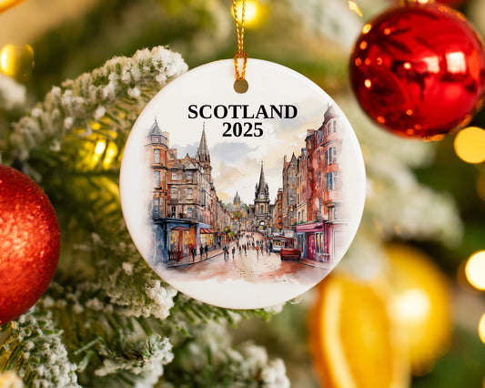 Custom Scotland ceramic photo ornament with personalized message – handmade Christmas bauble, gift souvenir, or vacation keepsake. 