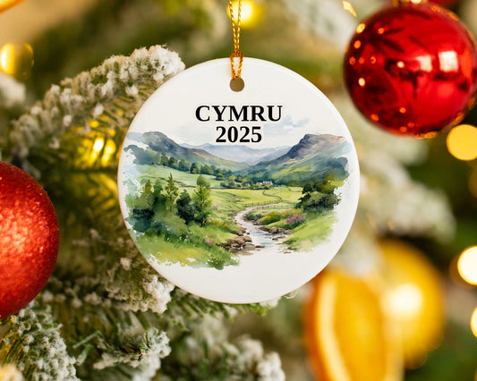 Custom Cymru Wales ceramic photo ornament with personalized message – handmade Christmas bauble, gift souvenir, or vacation keepsake.  