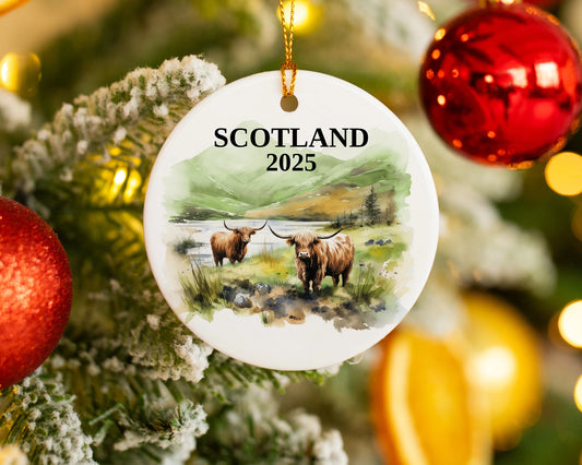 Custom Scotland Highland Cows ceramic photo ornament with personalized message – handmade Christmas bauble, gift souvenir, or vacation keepsake. 
