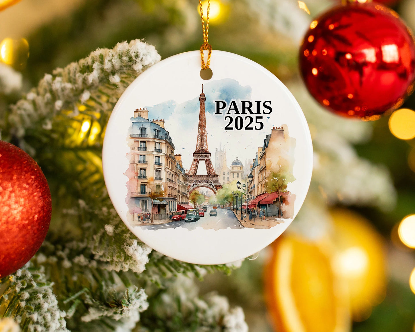 Custom Paris France ceramic photo ornament with personalized message – handmade Christmas bauble, gift souvenir, or vacation keepsake.  