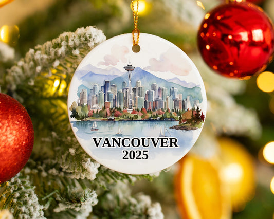 Custom Vancouver ceramic photo ornament with personalized message – handmade Christmas bauble, gift souvenir, or vacation keepsake. 