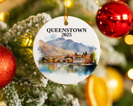 Custom Queenstown New Zealand ceramic photo ornament with personalized message – handmade Christmas bauble, gift souvenir, or vacation keepsake. 