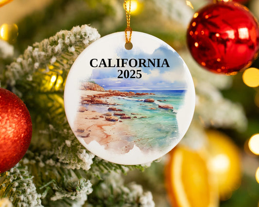 Custom California ceramic photo ornament with personalized message – handmade Christmas bauble, gift souvenir, or vacation keepsake.  