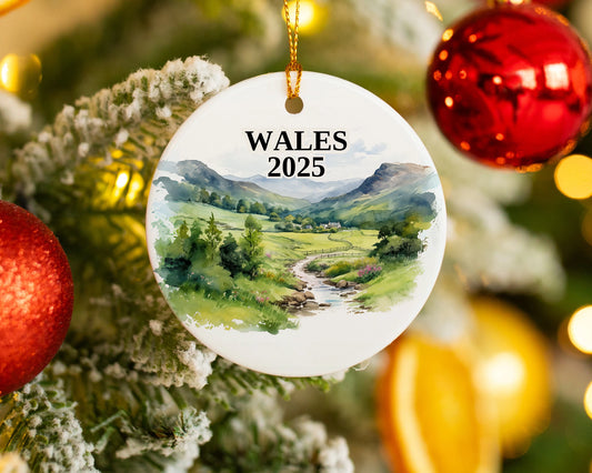 Custom Wales Cymru ceramic photo ornament with personalized message – handmade Christmas bauble, gift souvenir, or vacation keepsake. 