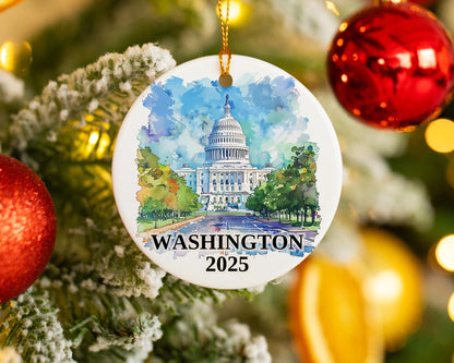 Custom Washington DC ceramic photo ornament with personalized message – handmade Christmas bauble, gift souvenir, or vacation keepsake. 