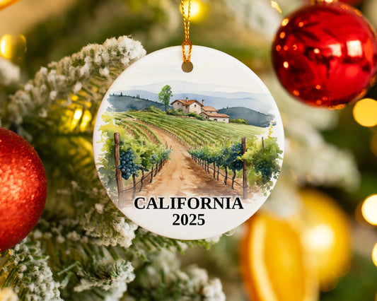 Custom California ceramic photo ornament with personalized message – handmade Christmas bauble, gift souvenir, or vacation keepsake.  
