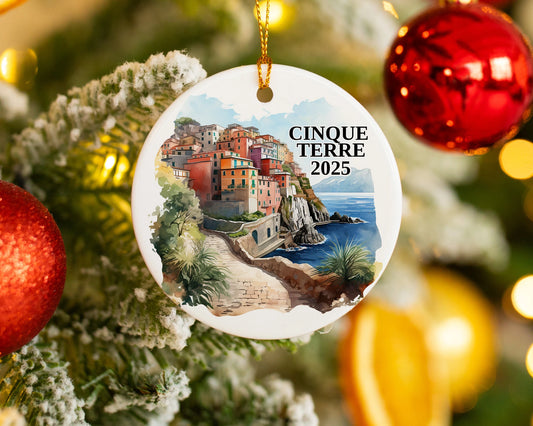 Custom Cinque Terre Italy ceramic photo ornament with personalized message – handmade Christmas bauble, gift souvenir, or vacation keepsake.  