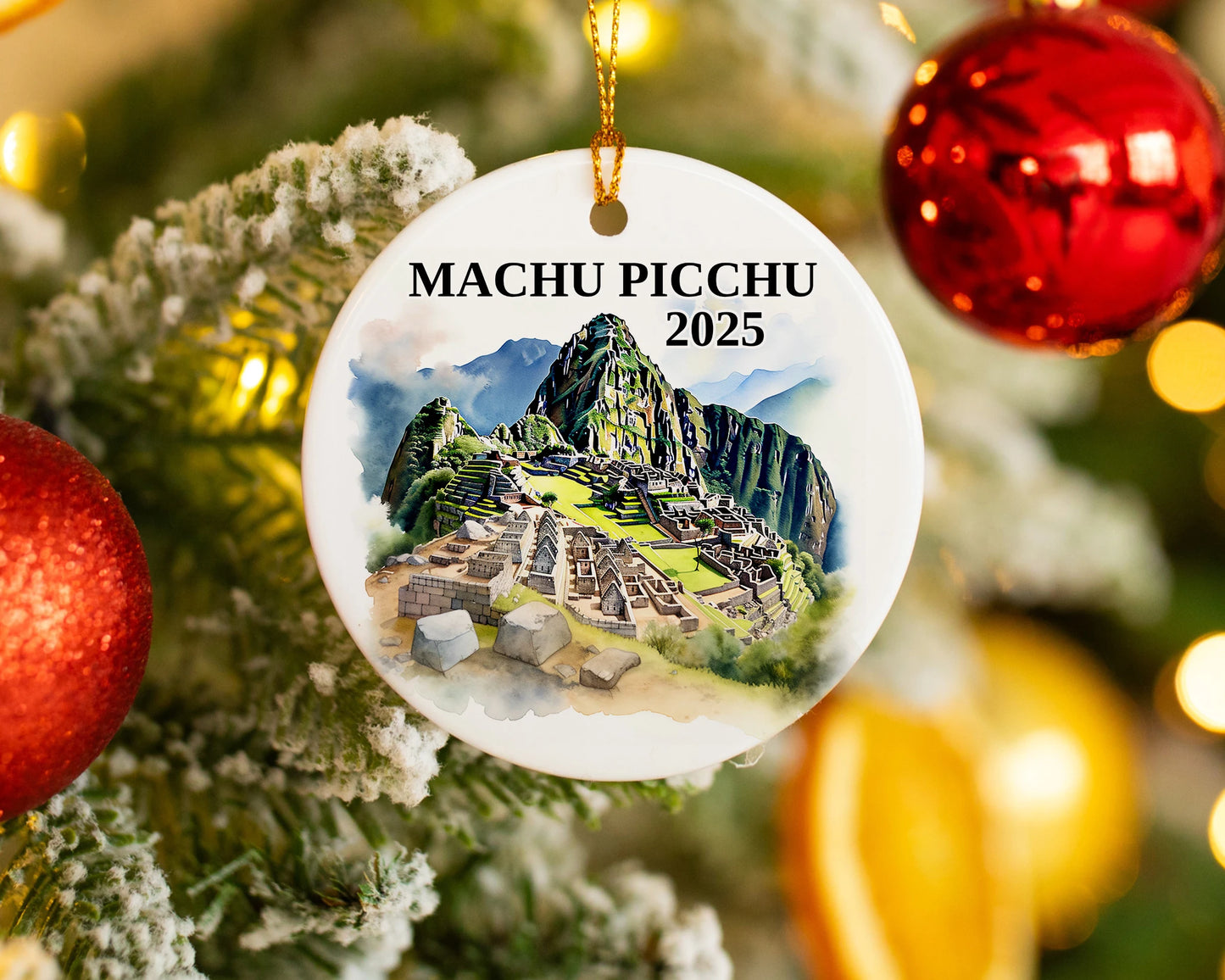 Custom Machu Picchu ceramic photo ornament with personalized message – handmade Christmas bauble, gift souvenir, or vacation keepsake.  