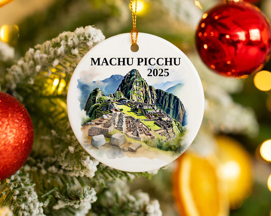 Custom Machu Picchu ceramic photo ornament with personalized message – handmade Christmas bauble, gift souvenir, or vacation keepsake.  